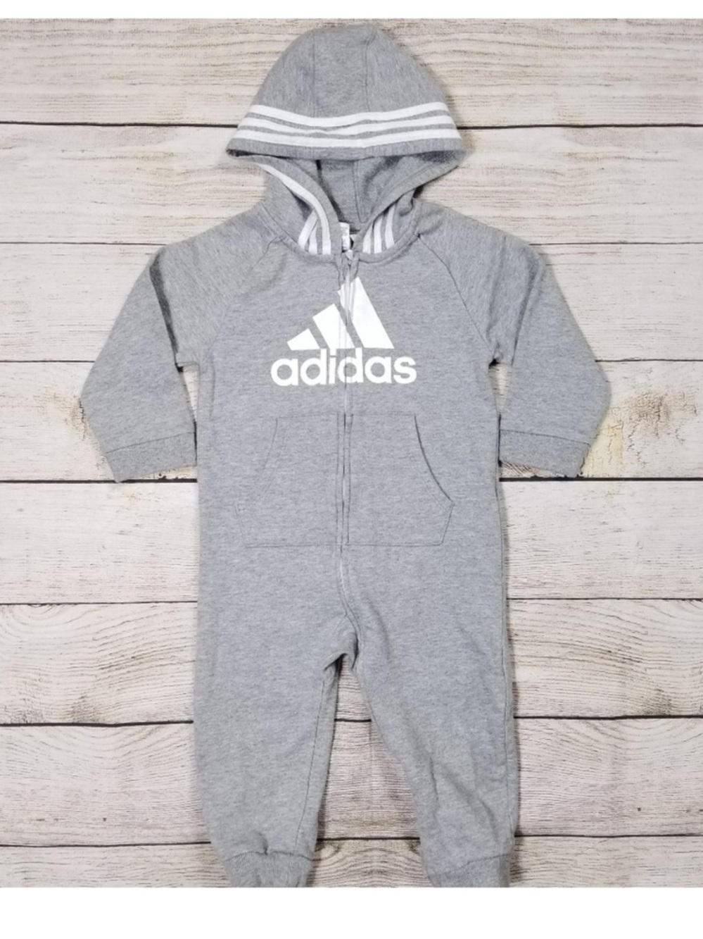 ADIDAS INFANT HOODED ONESIE - 24 MONTHS - GREY - LIKE NEW